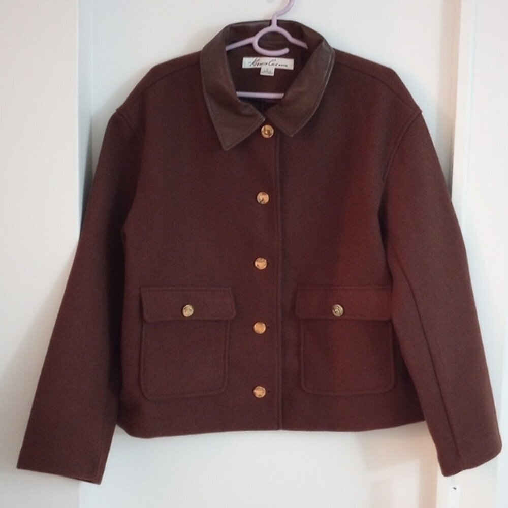 Kenneth Cole Brown Stone Wool-Like Jacket with Vegan Leather Collar Size Large